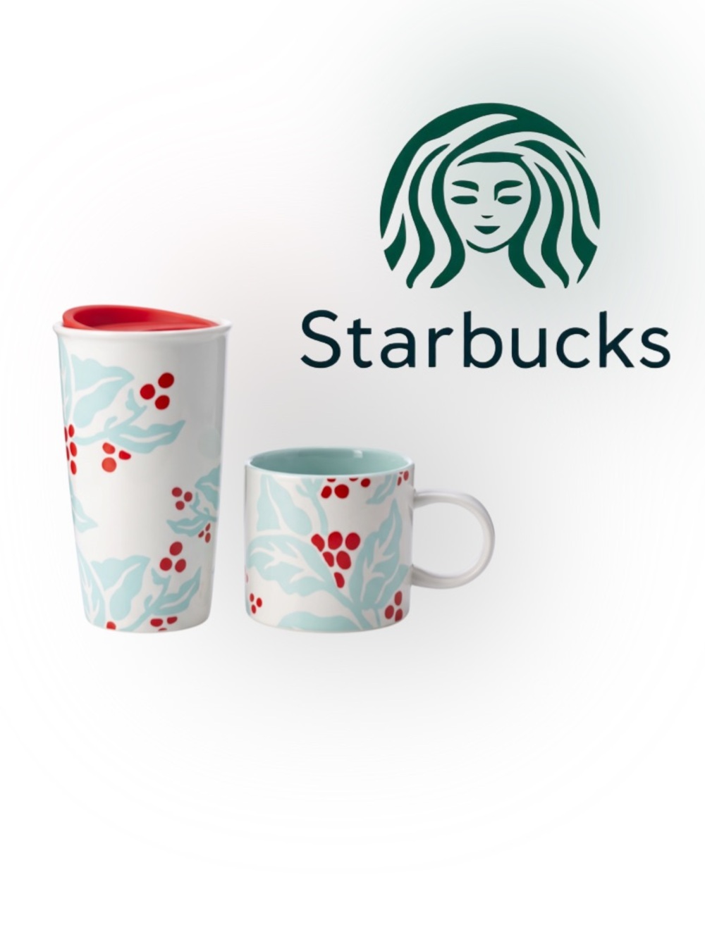 Starbucks 2018 Flora Holiday Ceramic Mug & Travel Tumbler Set Blue Red Berry